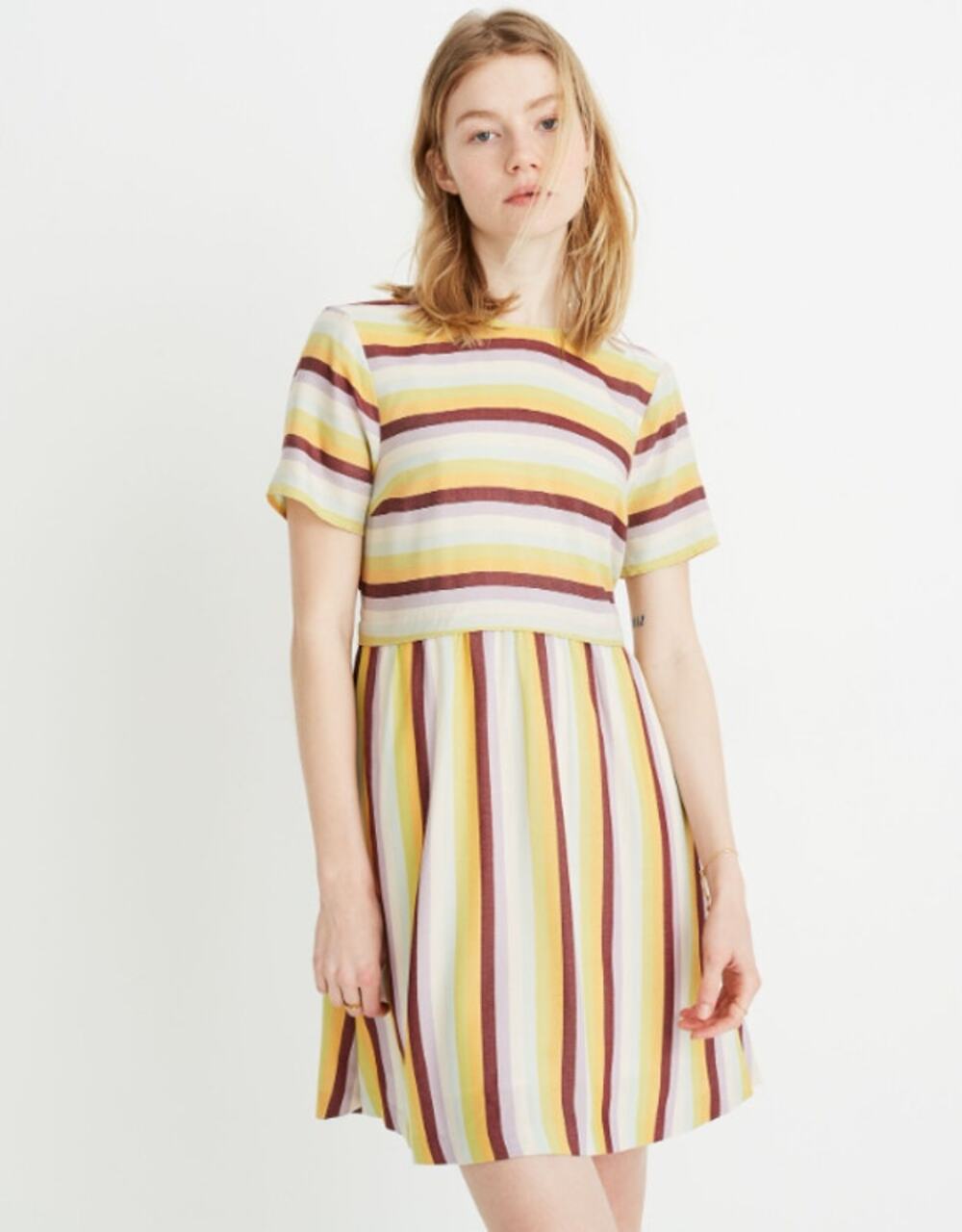 Madewell Striped Scoop Back Dress Size 4 Yellow Mini Striped Rainbow Boho Summer